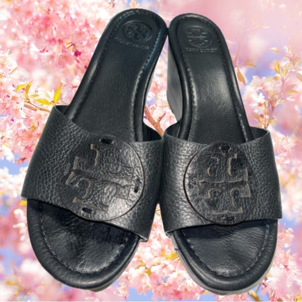TORY BURCH Leather Slides, Black Size:9M
